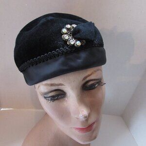 Vintage Black Velour Hat Cloche Style Rhinestone Decoration